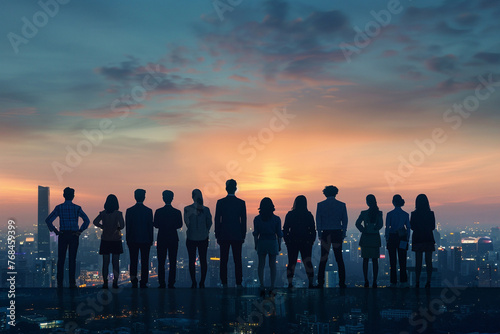 A team of professionals from different sectors standing shoulder to shoulder, overlooking a cityscape at dawn, symbolizing a united front in community development and innovation.