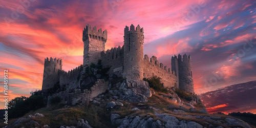 Striking image of a castle silhouette with multiple towers against an intensely fiery sky at dusk, invoking a sense of wonder and fantasy
