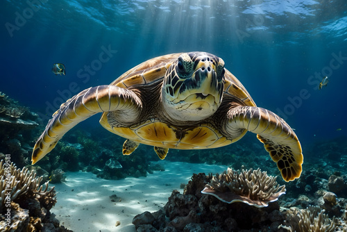 A close up of a sea turtle swimming undersea