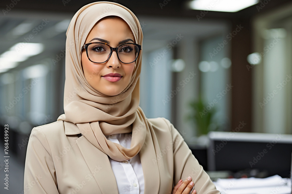 Portrait of muslim woman in office wearing beige hijab and glasses. Confident beautiful businesswoman at workplace Portrait of muslim woman in office wearing beige hijab and glasses. Confident beautiful businesswoman at workplace