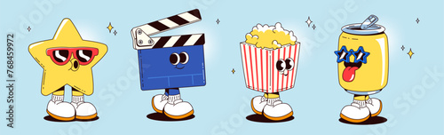 Movie and cinema cartoon character mascot set. Cute toon retro groovy style personage with faces, legs and arms - smiling clapperboard and star in sunglasses, popcorn and soda can with tube.