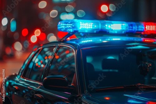 a police car with flashing lights on top in a city at night
