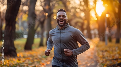 Black Man Jogging in Park at Sunset, Exuding Happiness and Vitality