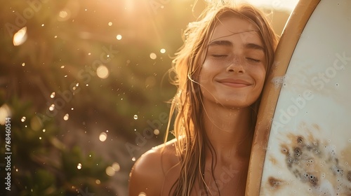 California Grommets Joy Smiling Female Surfer with Surfboard Beside Outdoor Shower photo