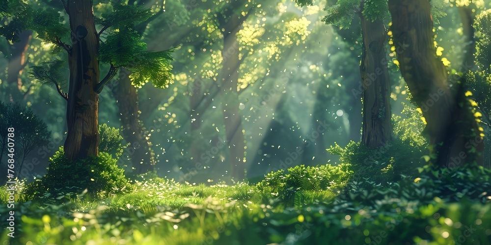 Enchanting Green Forest A Radiant Canopy of Lush Trees Filtering Sunlight