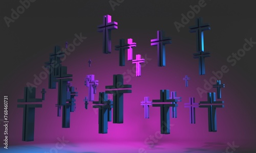Christianity concept. Levitation of a group of crosses. 3D render