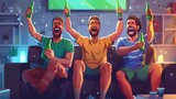 Three Friends Celebrating Football Victory with Beer Bottles in Vibrant Cartoon Illustration