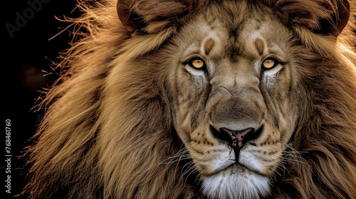 A lion with a long mane and a yellow eye. The lion is looking directly at the camera