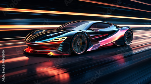 A futuristic car is speeding down a road with a bright orange and blue stripe. The car is sleek and shiny, and it looks like it's in motion. Concept of speed and excitement © Дмитрий Симаков