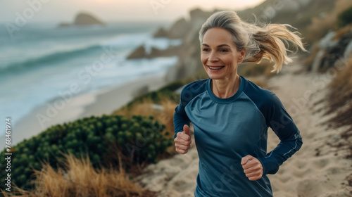 A woman is running on a beach with a smile on her face. The beach is near the ocean and there are some rocks in the background