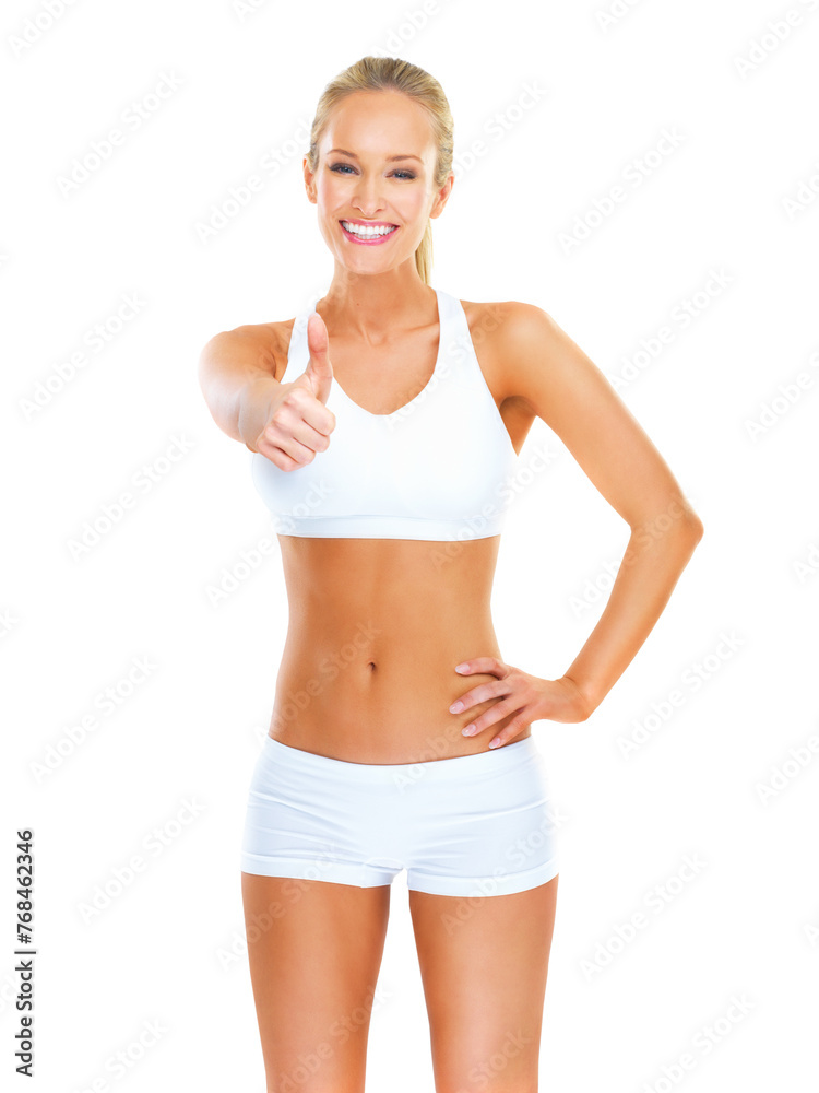 Portrait, smile and thumbs up of woman in underwear for healthy body, fitness and wellness in studio isolated on a white background. Happy person, sports and like hand gesture for slim blonde model Portrait, smile and thumbs up of woman in underwear for healthy body, fitness and wellness in studio isolated on a white background. Happy person, sports and like hand gesture for slim blonde model