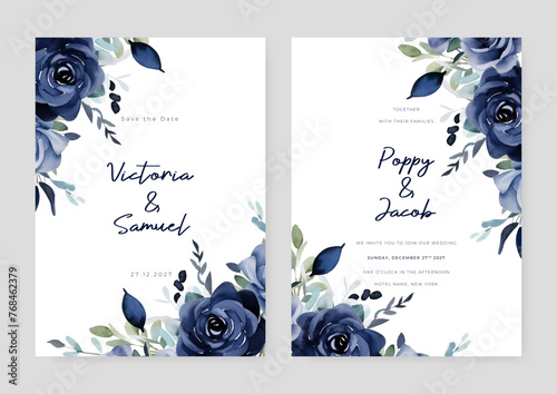 Blue rose vector elegant watercolor wedding invitation floral design