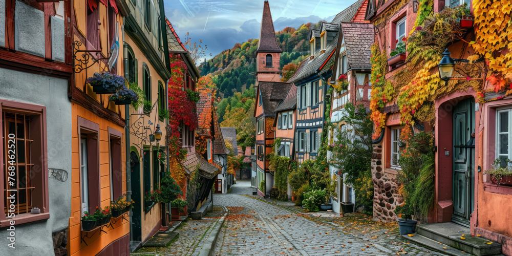 Fototapeta premium An enchanting alleyway lined with traditional half-timbered houses adorned in vibrant autumn foliage