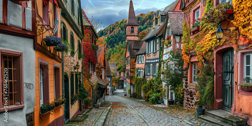 An enchanting alleyway lined with traditional half-timbered houses adorned in vibrant autumn foliage photo