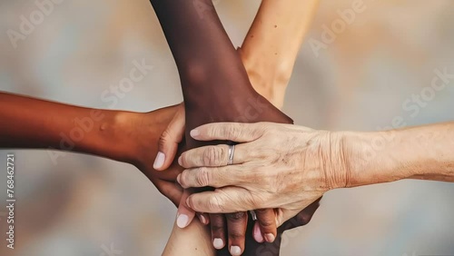 Animated 3D scene depicts hands of various ages and races working together in unity, symbolizing diversity, equality, and inclusivity photo