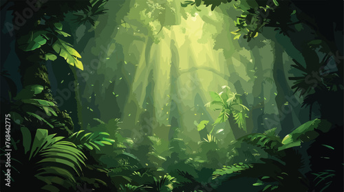 Dark rainforest sun rays through the trees rich jungle photo