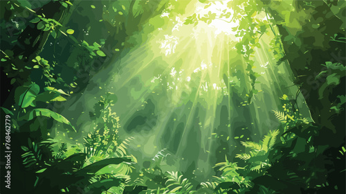 Fototapeta Naklejka Na Ścianę i Meble -  Dark rainforest sun rays through the trees rich jungle