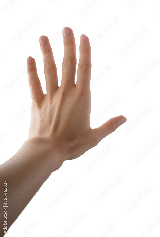 Selective focus of woman hand showing stop on transparent background Selective focus of woman hand showing stop on transparent background