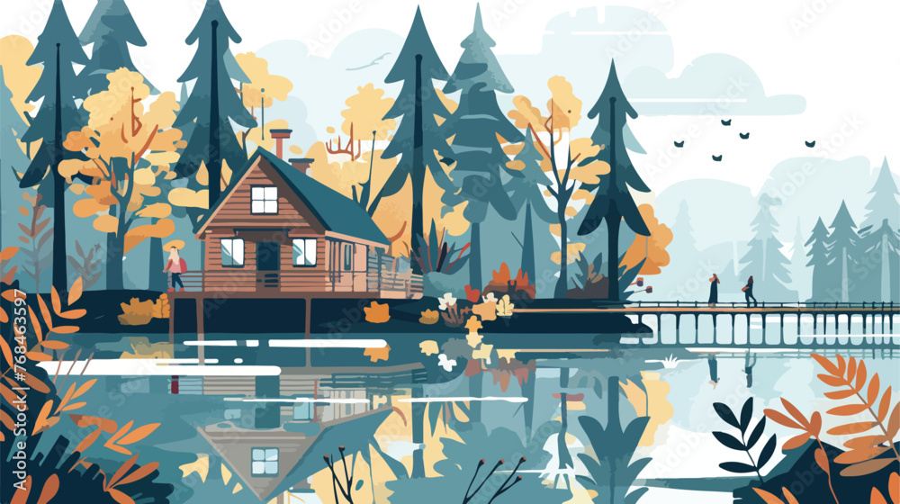 House in the middle of a forest with a lake in front 