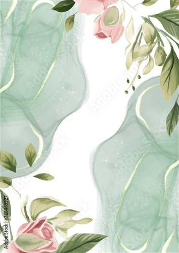 Pink green and white watercolor hand painted background template for Invitation with flora and flower