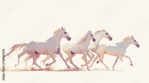 A group of white horses running in a line on a white