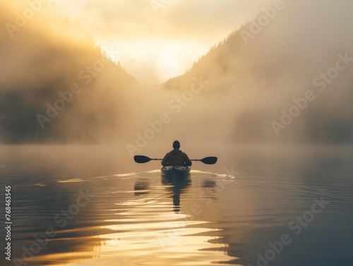 kayaker enjoying peaceful solitude on calm lake at dawn