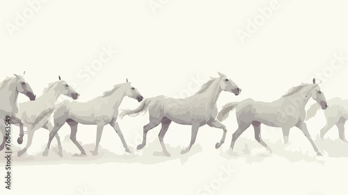 A group of white horses running in a line on a white