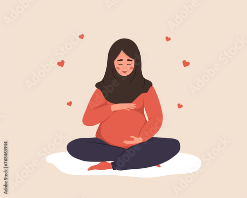 Pregnant woman in lotus position hugs her tummy. Islamic female character waiting for baby. Happy girl meditates. Pregnancy and motherhood concept. Vector illustration in flat cartoon style.