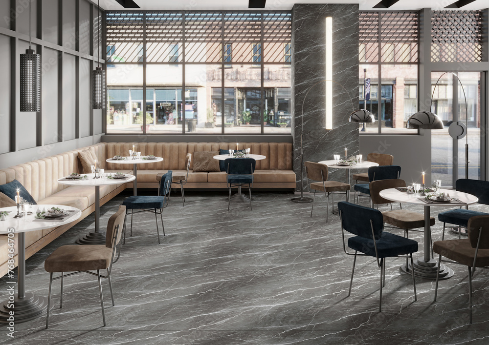 Luxury cafe interior with white ambiance, grey marble floor and walls, white round table and chairs. 3D Rendering 3D Illustrations