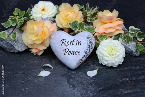 Принти на полотні Heart with flowers as a grave decoration with a farewell greeting Rest in Peace