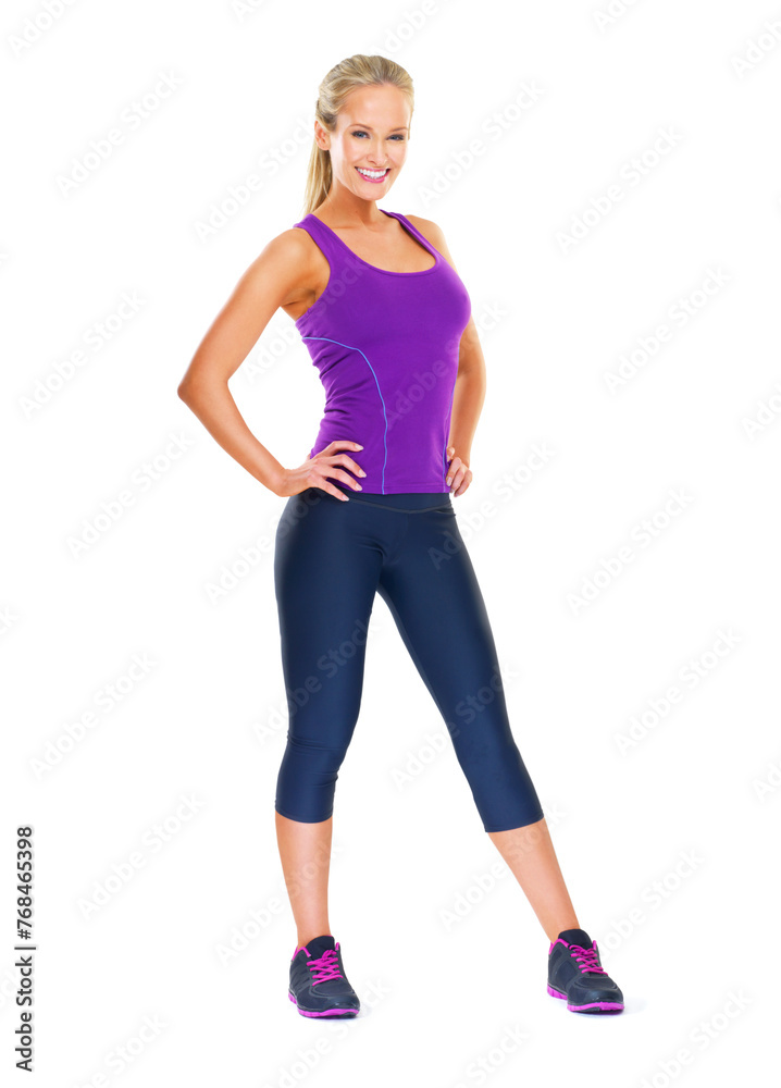 Woman, smile and portrait for exercise, diet and fitness goals on white background. Young person, nutritionist or model isolated and happy for health, workout and slim for weightloss in studio Woman, smile and portrait for exercise, diet and fitness goals on white background. Young person, nutritionist or model isolated and happy for health, workout and slim for weightloss in studio