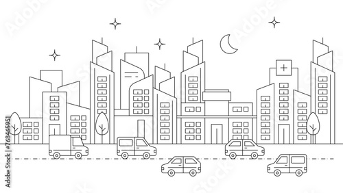 Black and white vector city building line art vector icon design illustration template background