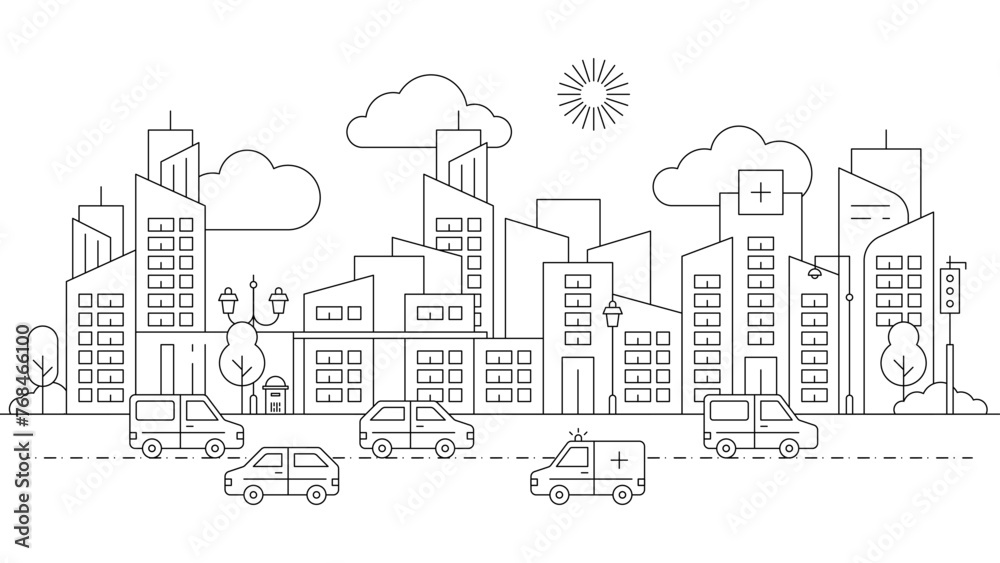 Black and white city building line art vector icon design illustration template background