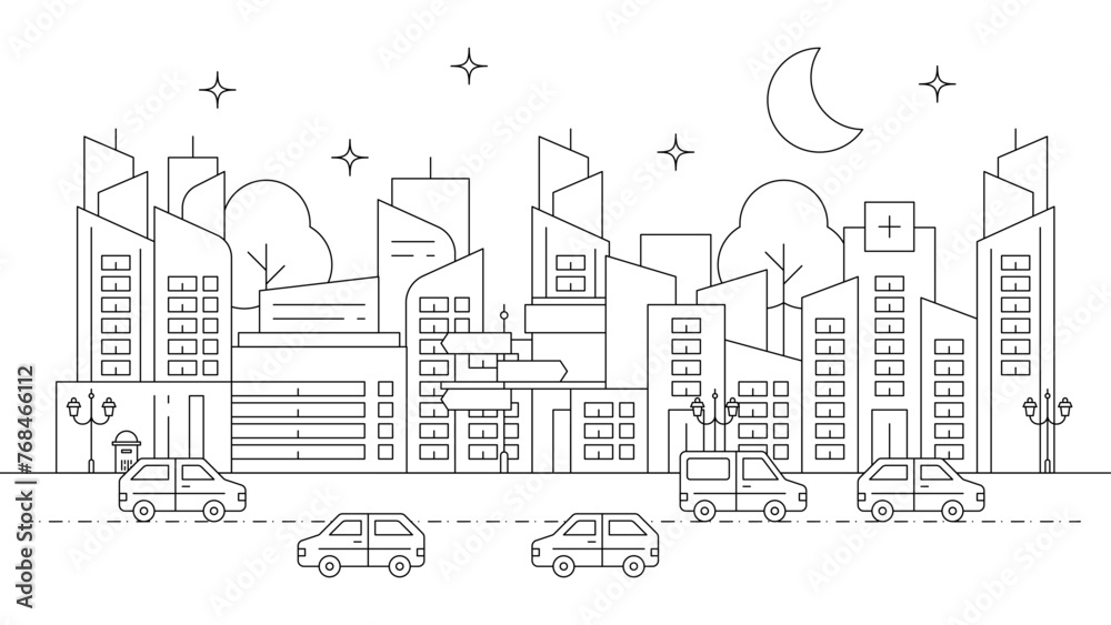 Fototapeta premium Black and white vector outline cityscape on white background, modern city skyline, city silhouette, vector illustration in flat design