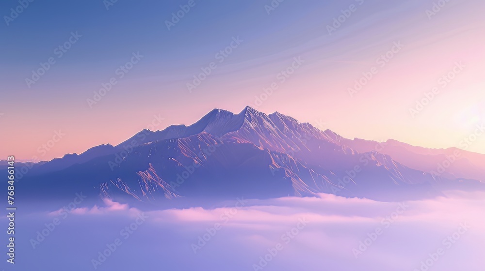 A majestic mountain range enveloped in a blanket of mist at sunrise. 