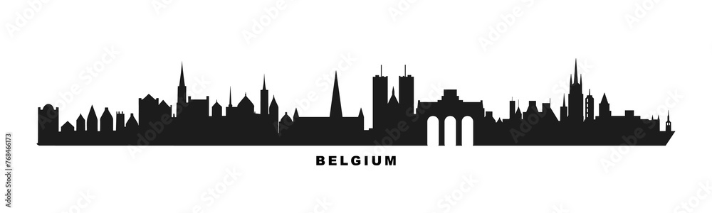 Belgium country skyline with cities panorama. Vector flat banner, logo. Ghent, Brussels, Bruges, Antwerp megapolis silhouette for footer, steamer, header. Isolated graphic