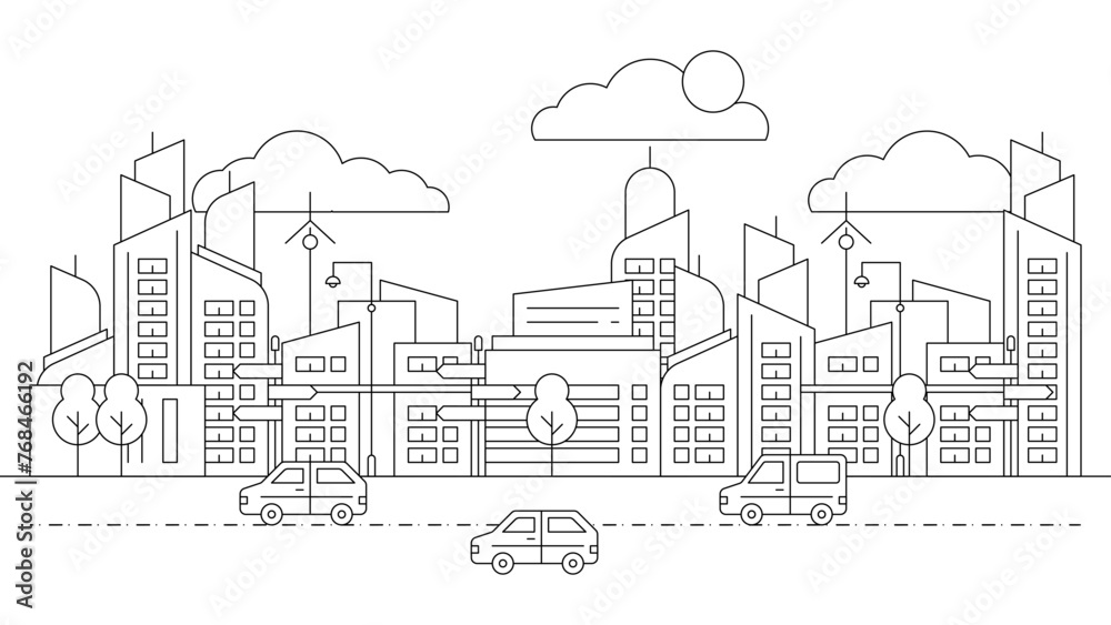 Black and white city building outline illustration background Black and white city building outline illustration background