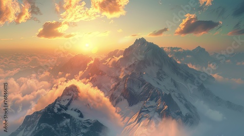 A majestic mountain range enveloped in a blanket of mist at sunrise. 