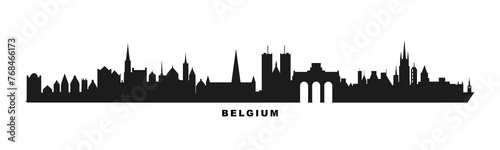 Belgium country skyline with cities panorama. Vector flat banner, logo. Ghent, Brussels, Bruges, Antwerp megapolis silhouette for footer, steamer, header. Isolated graphic