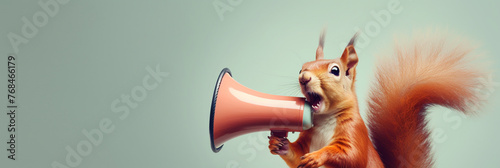 A squirrel with a megaphone making an announcement
