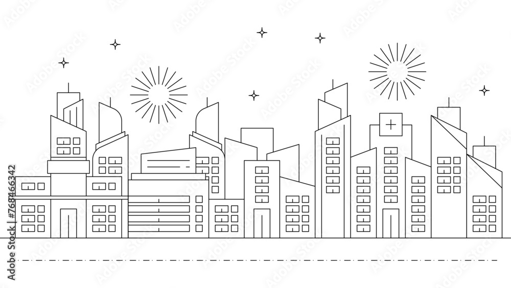 Black and white vector modern skyline buildings background impressive architecture with outline style