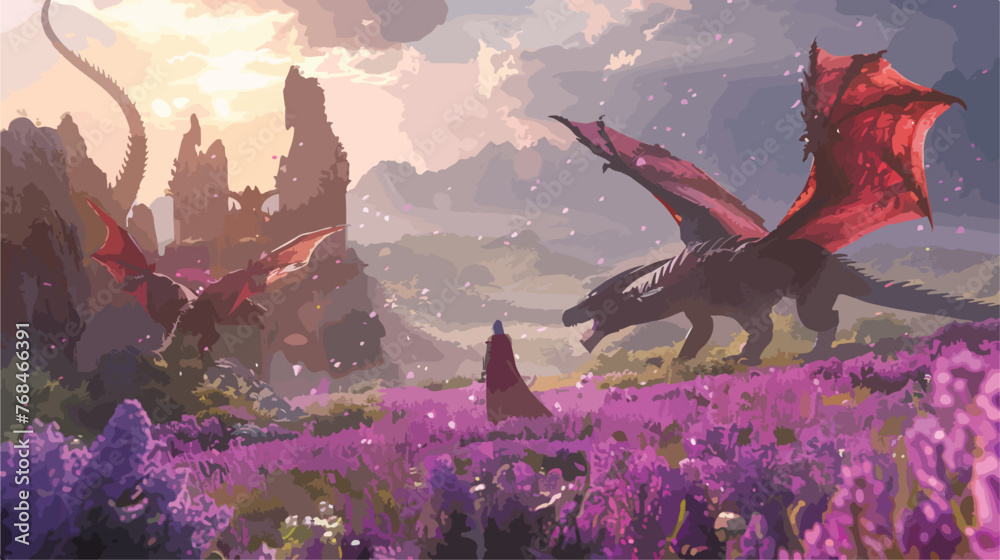 Epic hero elf knight in a purple flowers field fight  - obrazy, fototapety, plakaty 