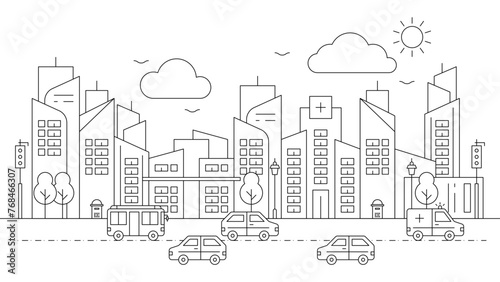 Black and white vector outline landmarks skyline with buildings city background