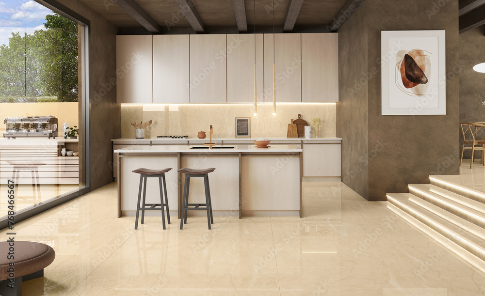 Morden Kitchen Interior with dining area, beige marble flooring, wooden ...