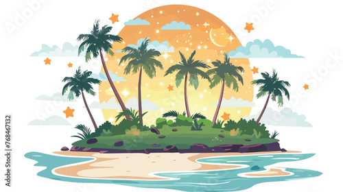 A tropical island with palm trees and a star filled 