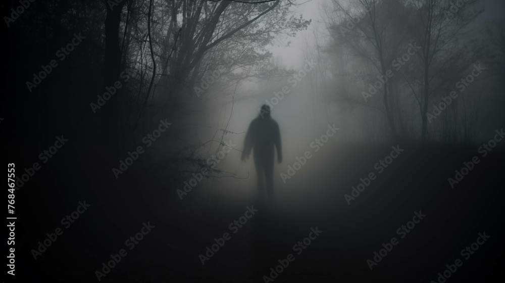 A mysterious shadow standing deep in the forest amidst very thick fog.