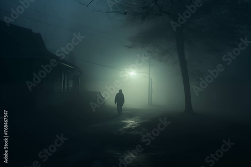 A mysterious shadow standing deep in the forest amidst very thick fog.