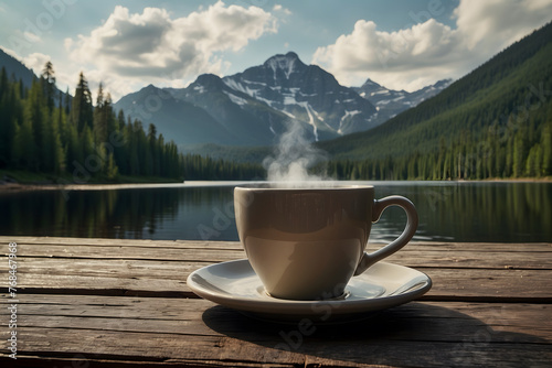 A landscape of a cup of coffee with a lake