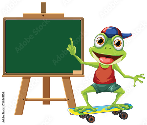 Cartoon frog on skateboard pointing at blackboard © brgfx