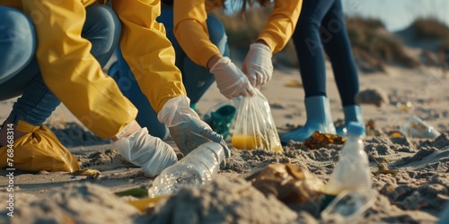 A group of volunteers equipped with gloves and bags as they meticulously clean a beach, collecting small bits of plastic and other debris. 